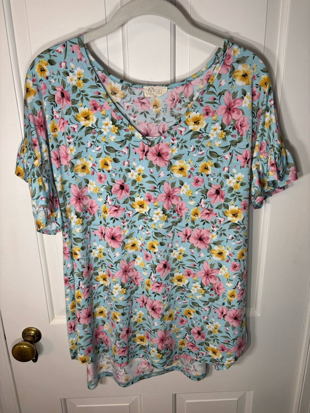 Be Stage Women's Blue Pink Yellow Floral V Neck Short Ruffle Sleeve Top Blouse